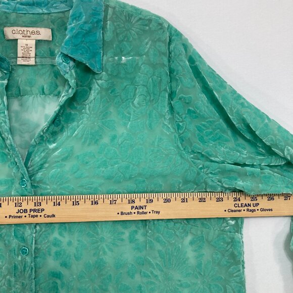 NWT Vintage C.l.o.t.h.e.s size 1X Kelly Green Floral Velvet Burn-out Button Down - Picture 7 of 11